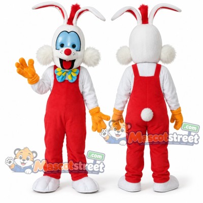 White Rabbit Mascot Costume with Red Overalls and Multicolor Bow Tie