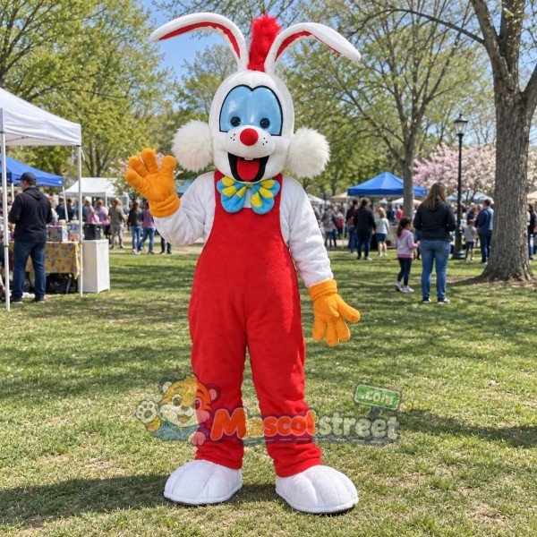White Rabbit Mascot Costume with Red Overalls and Multicolor Bow Tie