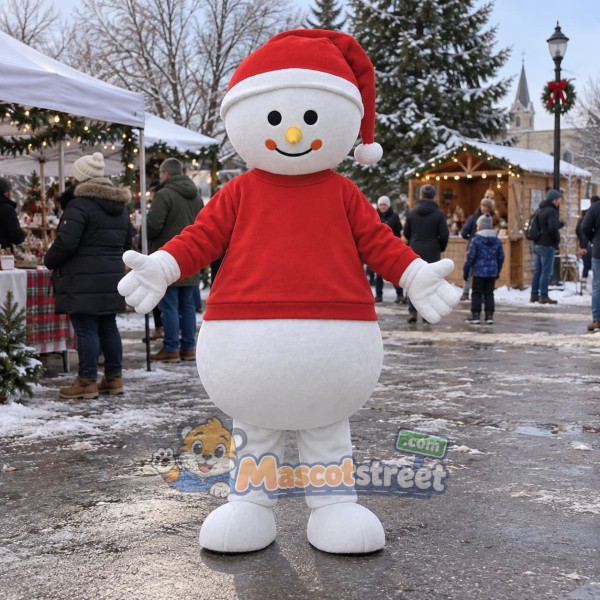 Snowman Mascot Costume with Red Sweater and Santa Hat