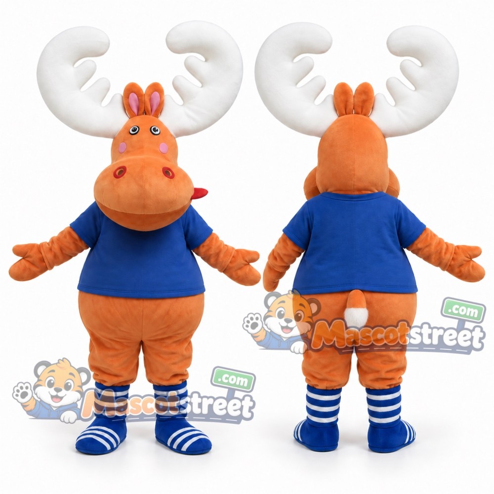 Orange Reindeer Mascot Costume with Blue Shirt