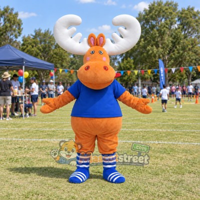 Orange Reindeer Mascot Costume with Blue Shirt