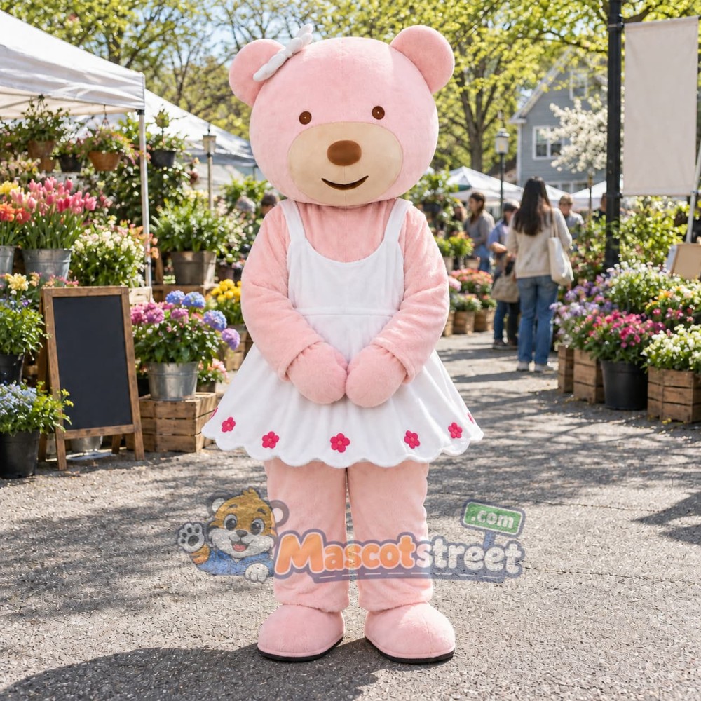 Pink Bear Mascot Costume with White Dress Pink Bear Mascot Costume with White Dress