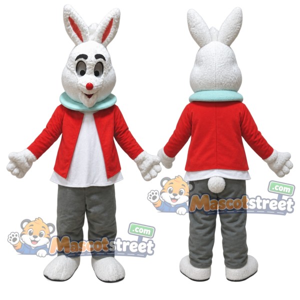 White Rabbit Mascot Costume with Red Jacket, Gray Trousers and Teal Scarf