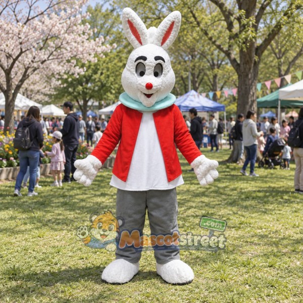 White Rabbit Mascot Costume with Red Jacket, Gray Trousers and Teal Scarf