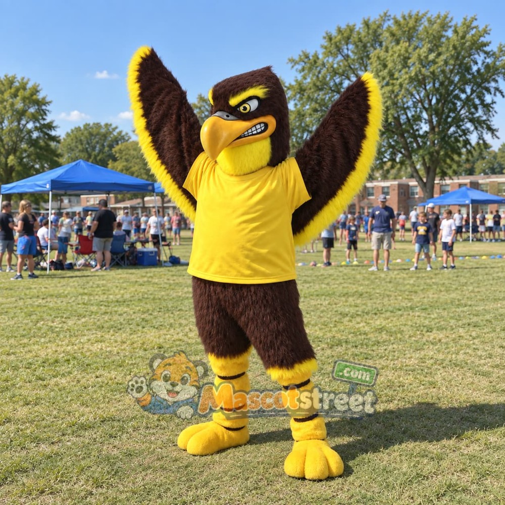 Brown Eagle Mascot Costume with Yellow Shirt