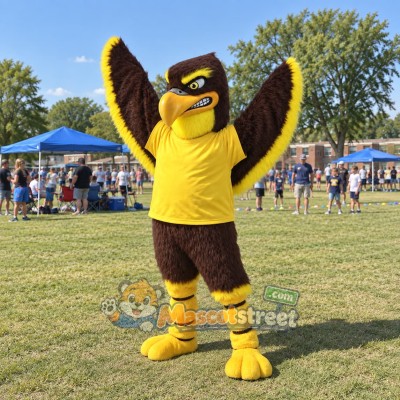 Brown Eagle Mascot Costume with Yellow Shirt