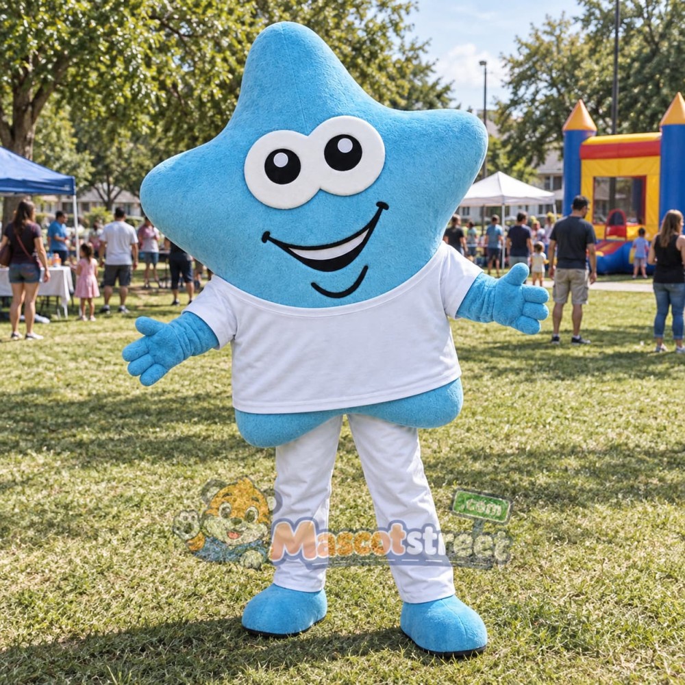 Blue Star Mascot Costume with White Shirt Blue Star Mascot Costume with White Shirt