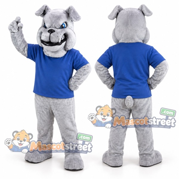 Gray Bulldog Mascot Costume with Blue Shirt