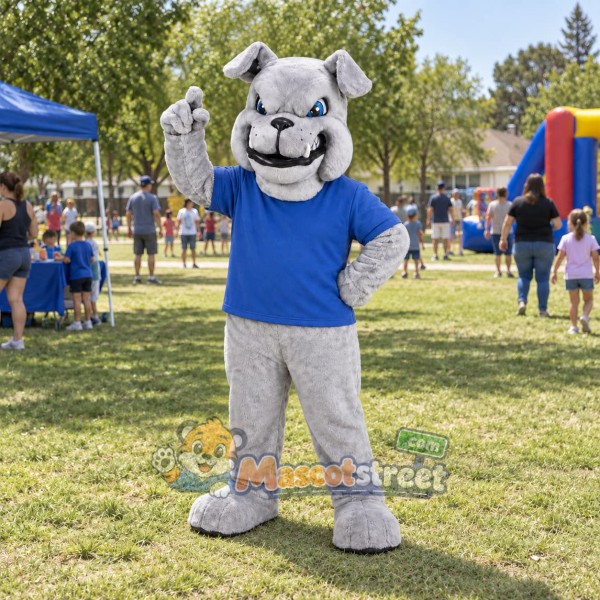 Gray Bulldog Mascot Costume with Blue Shirt