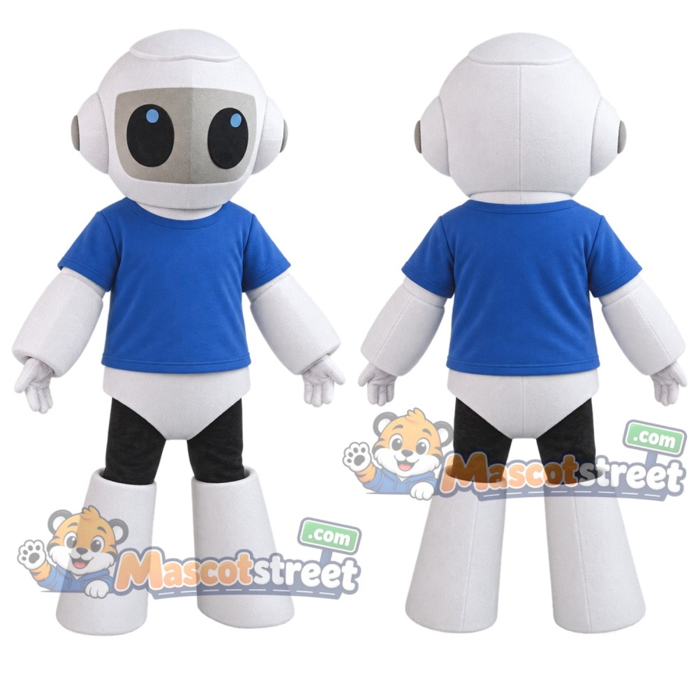 White Robot Mascot Costume with Blue Shirt