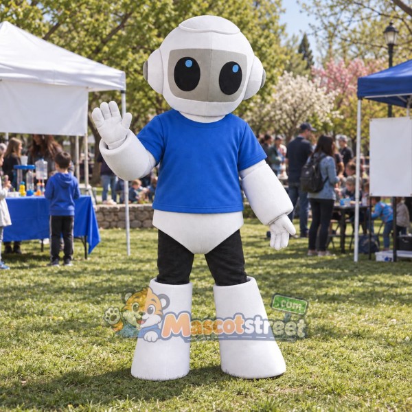 White Robot Mascot Costume with Blue Shirt