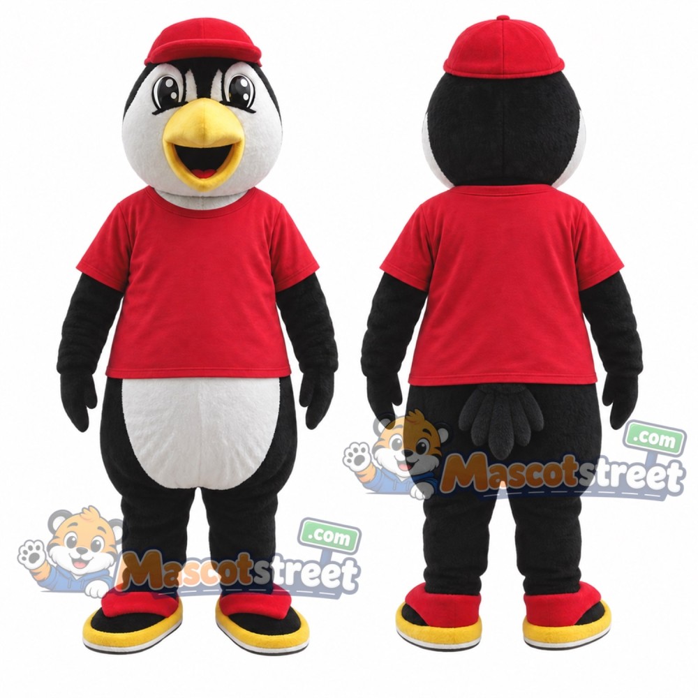 Penguin Mascot Costume with Red Shirt and Red Cap