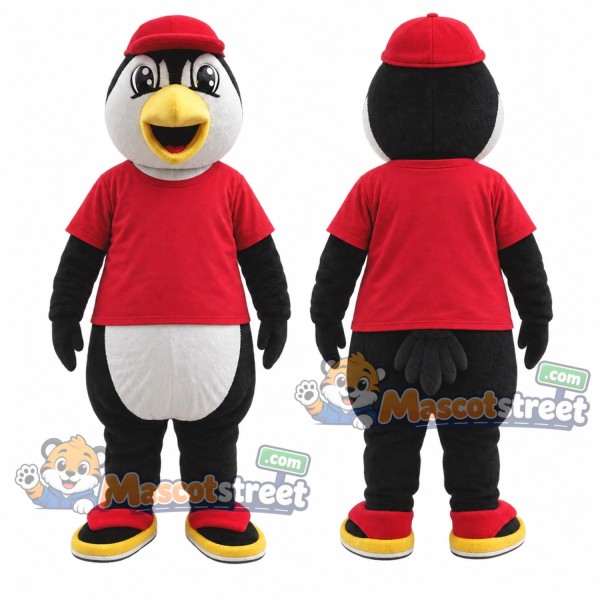 Penguin Mascot Costume with Red Shirt and Red Cap
