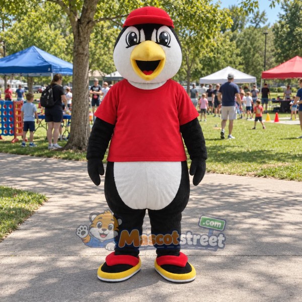 Penguin Mascot Costume with Red Shirt and Red Cap