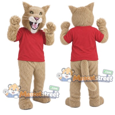 Tan Bobcat Mascot Costume with Red Shirt Tan Bobcat Mascot Costume with Red Shirt