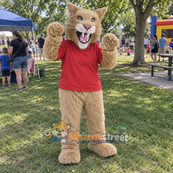Tan Bobcat Mascot Costume with Red Shirt