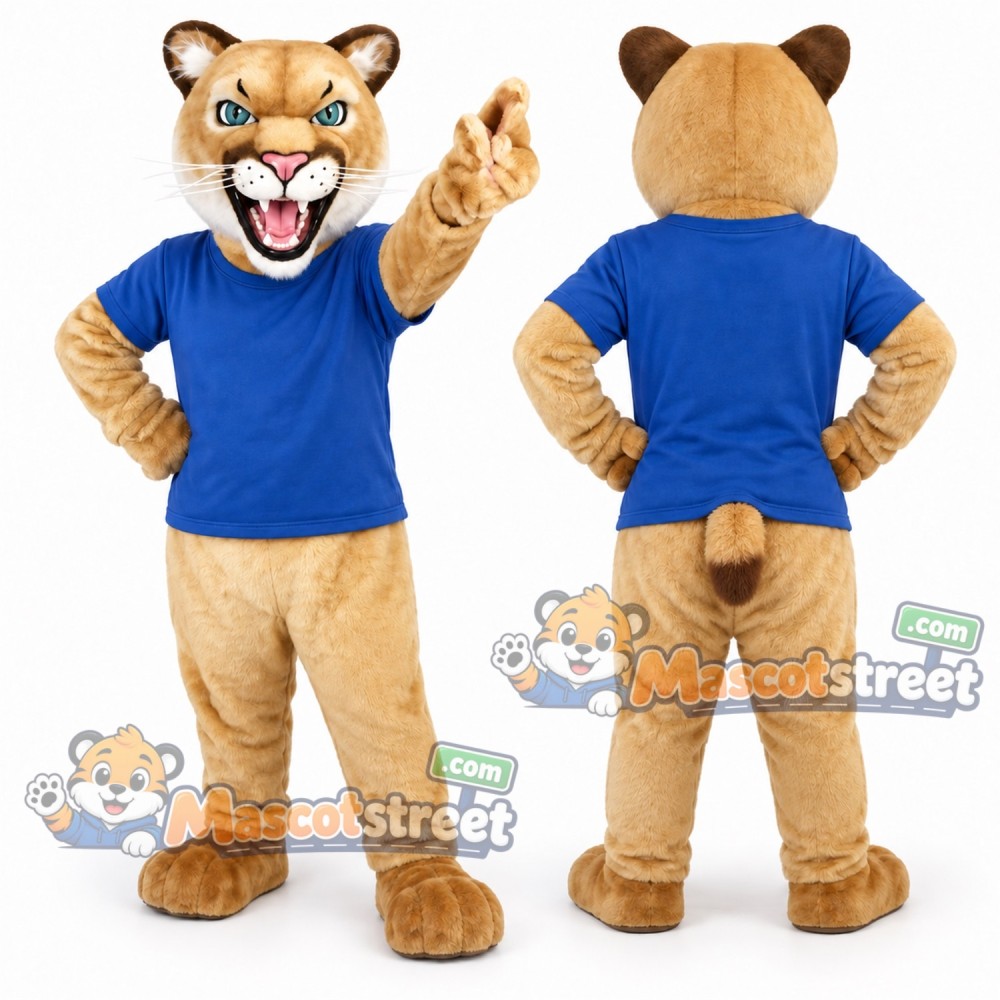 Tan Cougar Mascot Costume with Blue Shirt