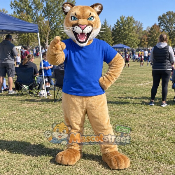 Tan Cougar Mascot Costume with Blue Shirt