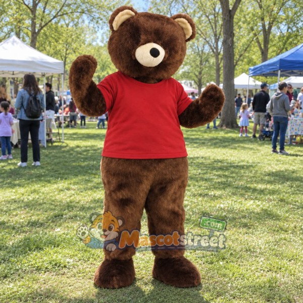 Brown Bear Mascot Costume with Red Shirt