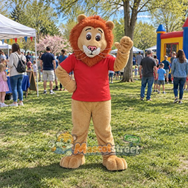 Brown Lion Mascot Costume with Red Shirt