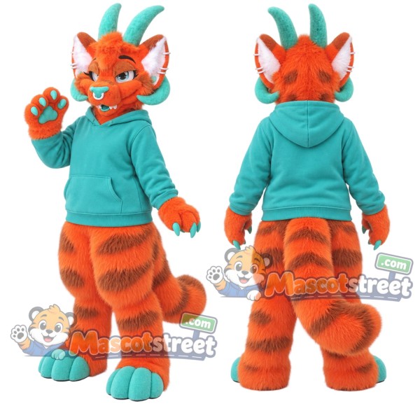 Orange Dragon Mascot Costume with Teal Hoodie