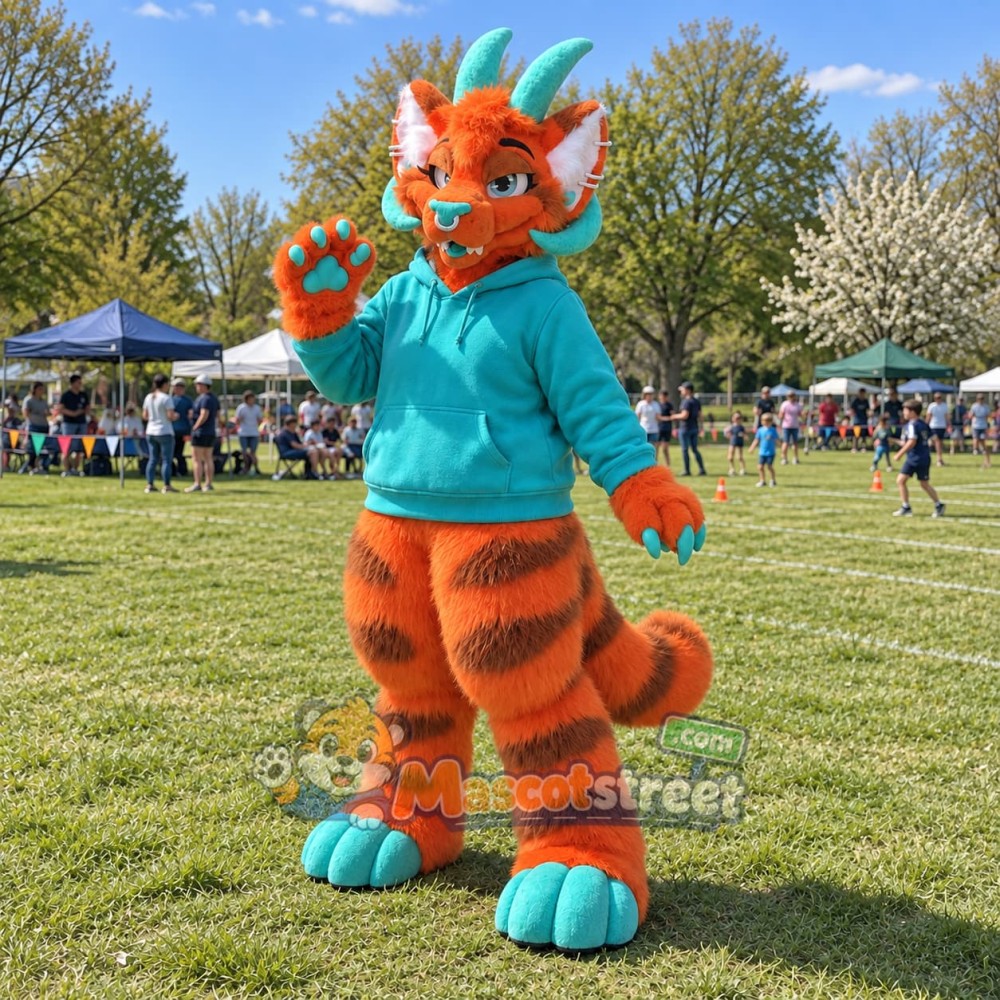 Orange Dragon Mascot Costume with Teal Hoodie