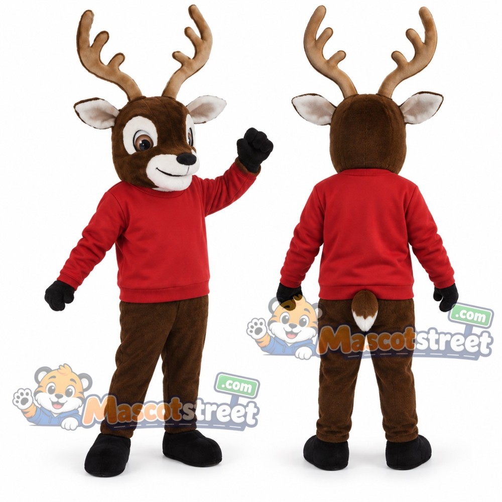 Brown Deer Mascot Costume with Red Sweater Brown Deer Mascot Costume with Red Sweater