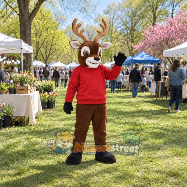 Brown Deer Mascot Costume with Red Sweater