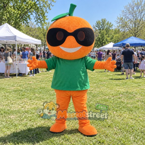 Orange Mascot Costume with Green Shirt and Sunglasses
