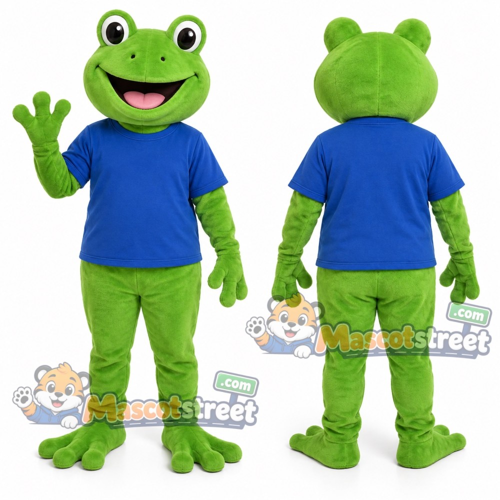 Green Frog Mascot Costume with Blue Shirt Green Frog Mascot Costume with Blue Shirt