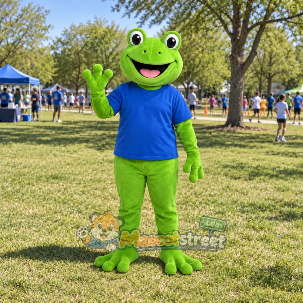 Green Frog Mascot Costume with Blue Shirt Green Frog Mascot Costume with Blue Shirt