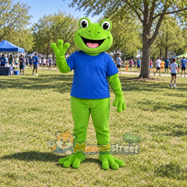 Green Frog Mascot Costume with Blue Shirt