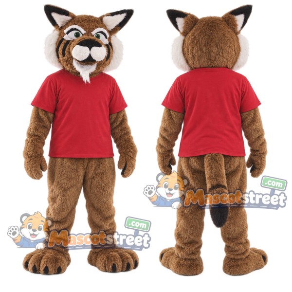Brown Bobcat Mascot Costume with Red Shirt