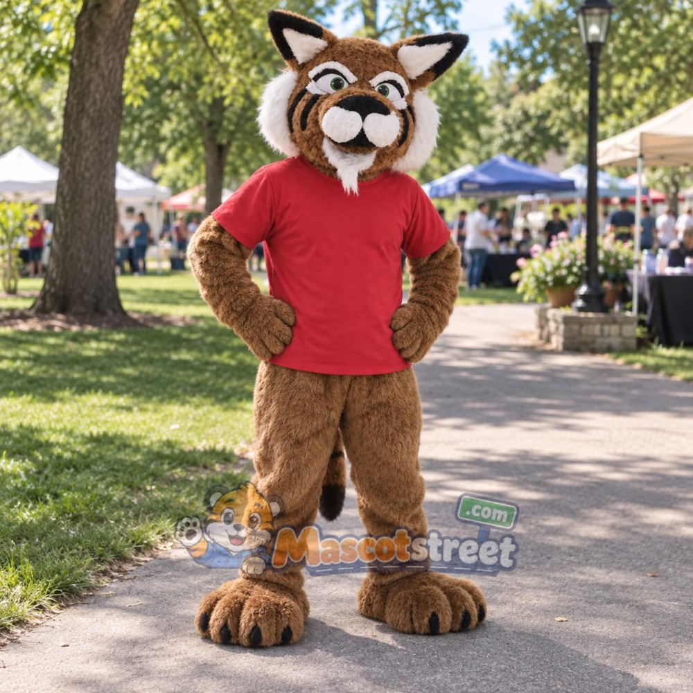 Brown Bobcat Mascot Costume with Red Shirt Brown Bobcat Mascot Costume with Red Shirt