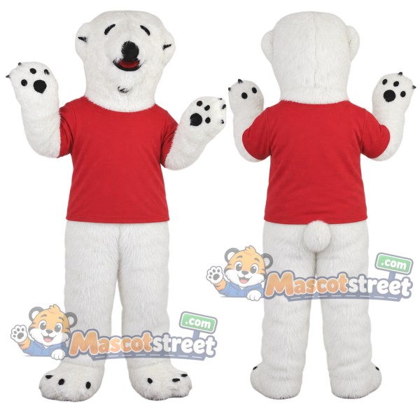 White Polar Bear Mascot Costume with Red Shirt