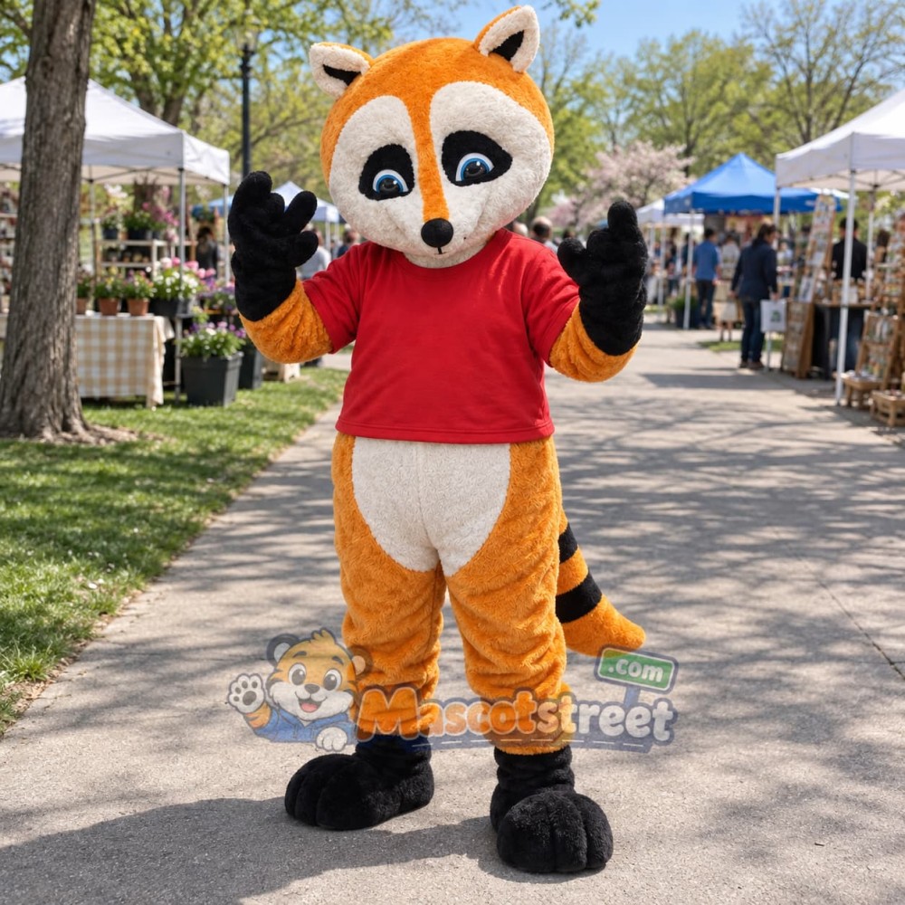 Orange Raccoon Mascot Costume with Red Shirt