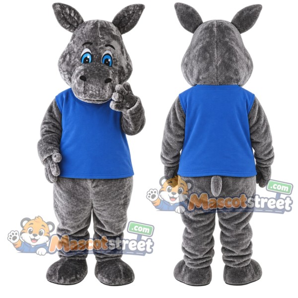 Gray Hippopotamus Mascot Costume with Blue Vest