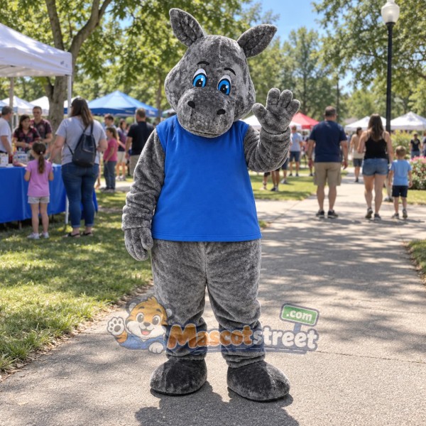 Gray Hippopotamus Mascot Costume with Blue Vest
