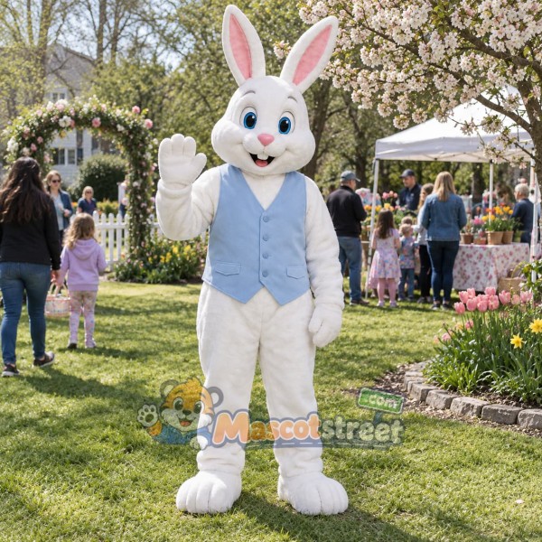 White Rabbit Mascot Costume with Blue Vest