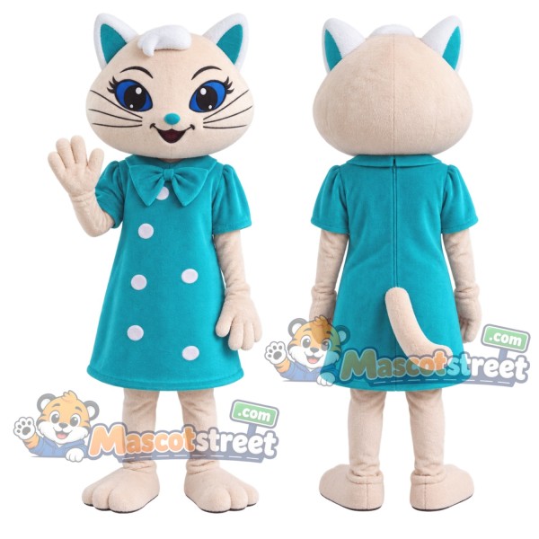 Cream Cat Mascot Costume with Teal Polka Dot Dress