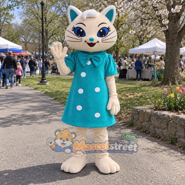Cream Cat Mascot Costume with Teal Polka Dot Dress