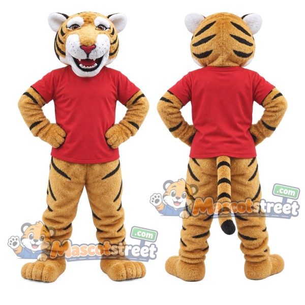 Orange Tiger Mascot Costume with Red Shirt