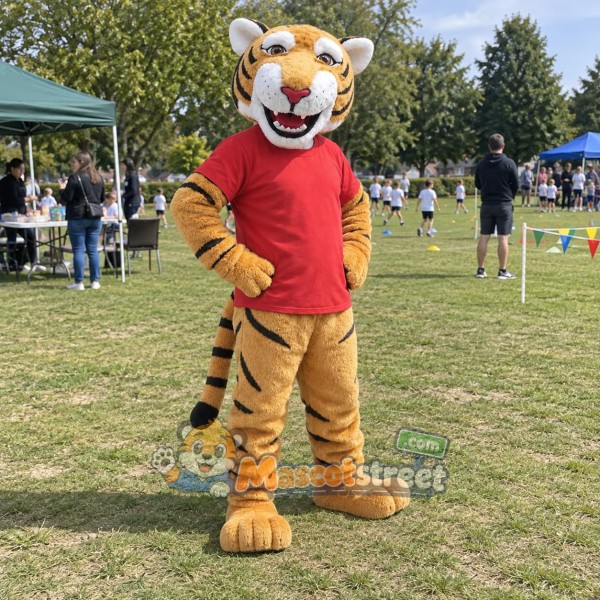 Orange Tiger Mascot Costume with Red Shirt