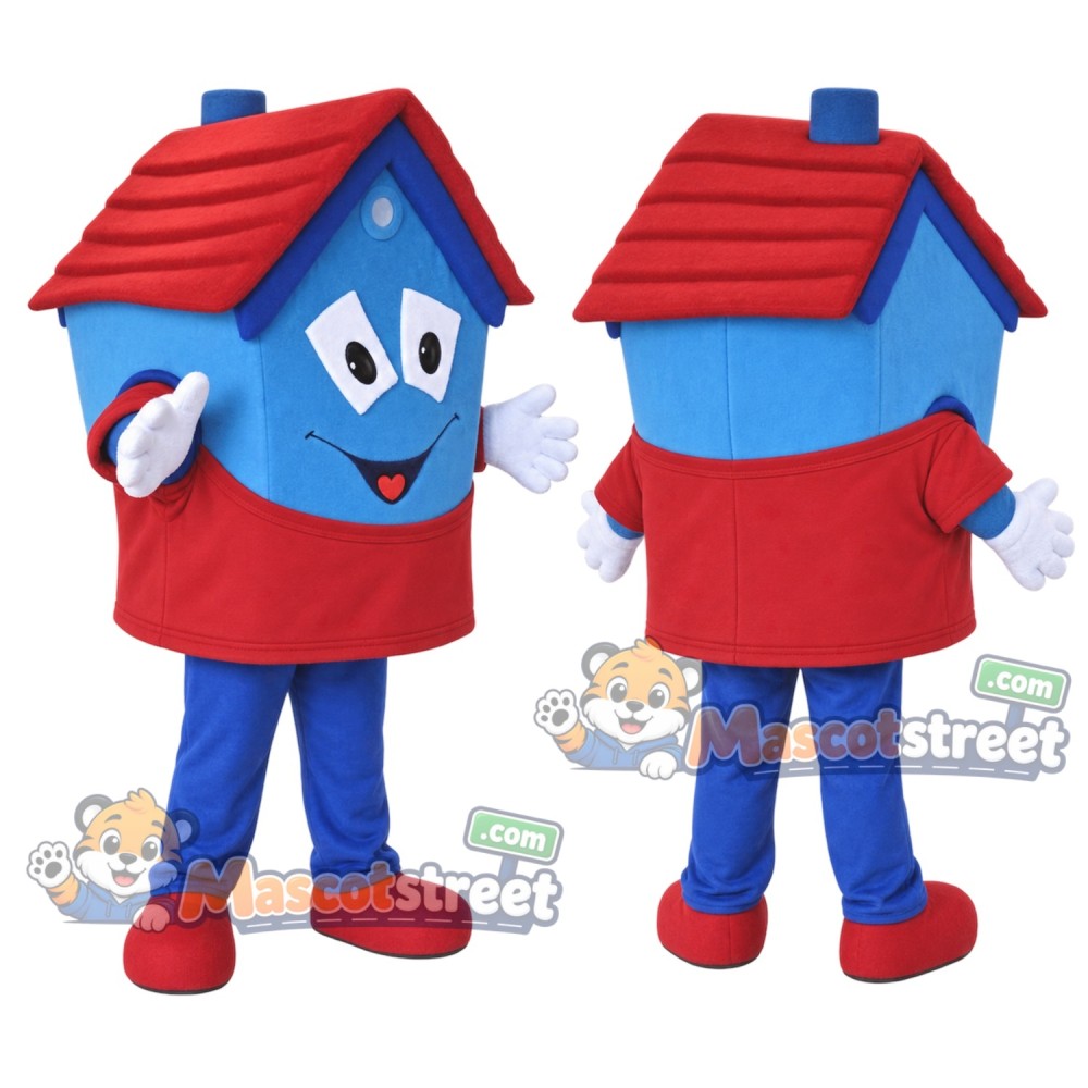 Blue House Mascot Costume with Red Shirt Blue House Mascot Costume with Red Shirt