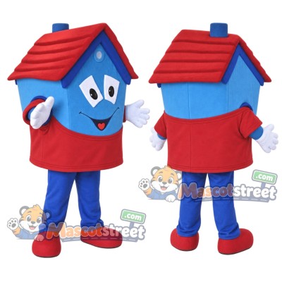Blue House Mascot Costume with Red Shirt Blue House Mascot Costume with Red Shirt
