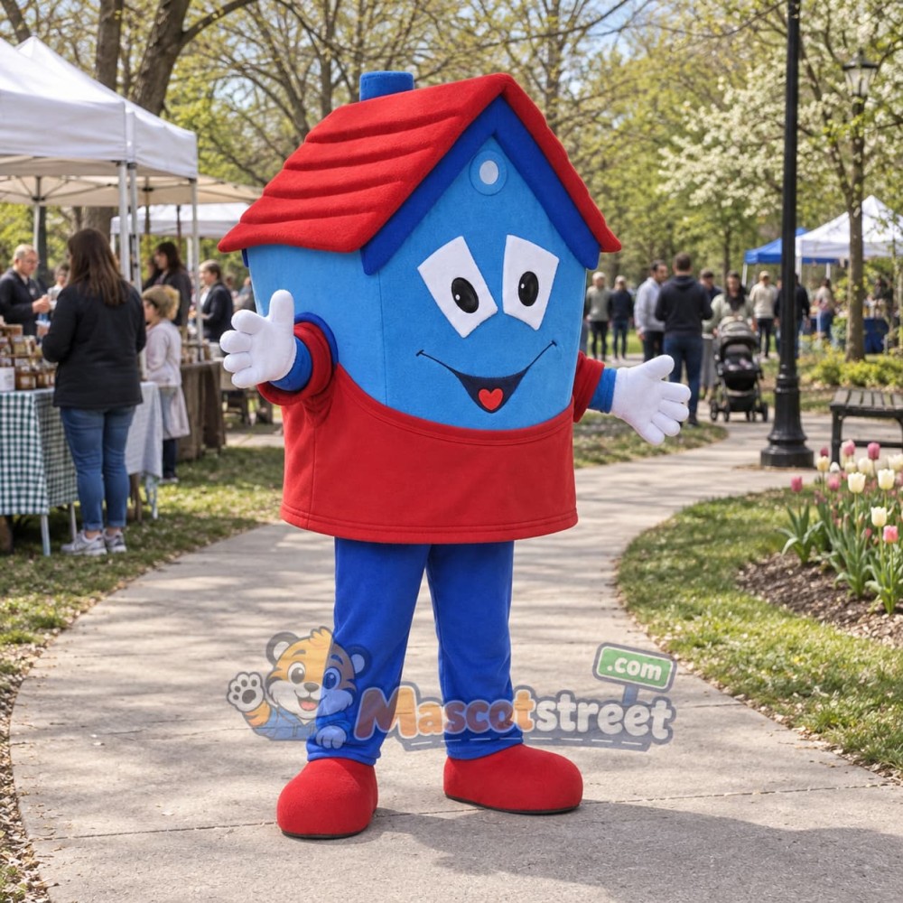 Blue House Mascot Costume with Red Shirt Blue House Mascot Costume with Red Shirt