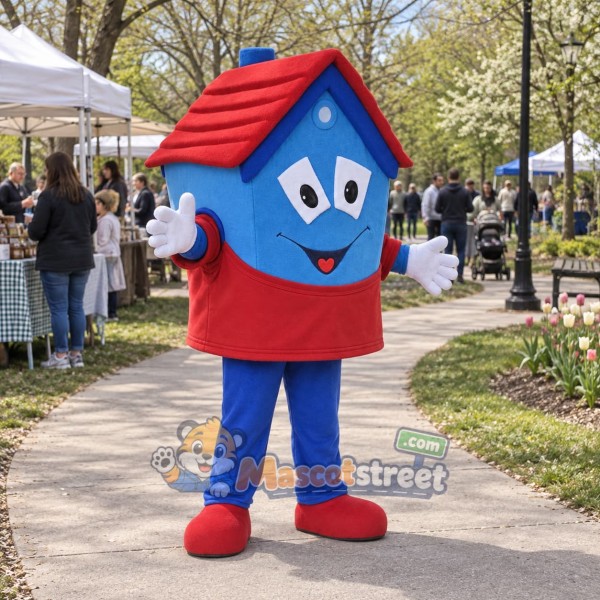 Blue House Mascot Costume with Red Shirt