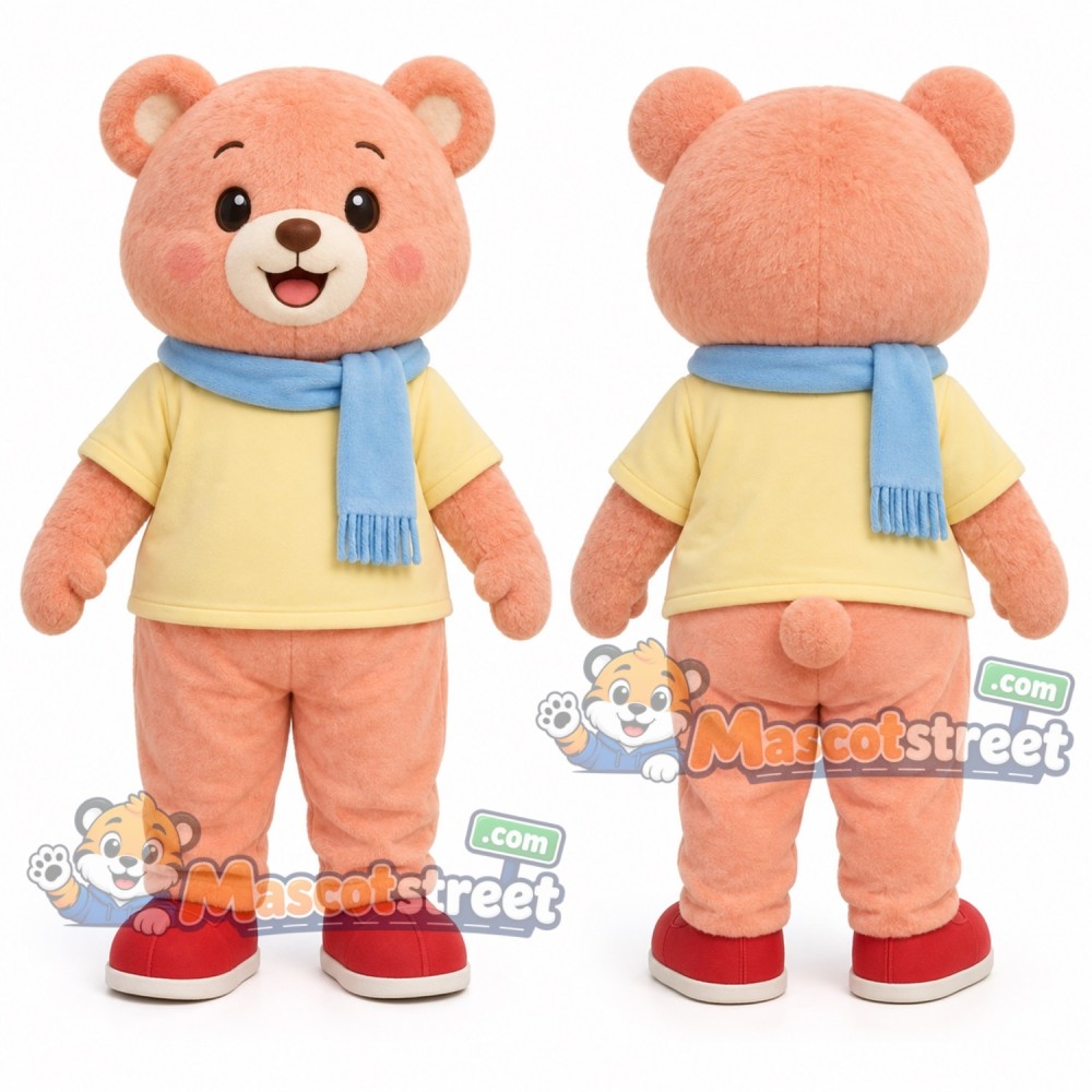 Peach Bear Mascot Costume with Yellow Shirt and Blue Scarf Peach Bear Mascot Costume with Yellow Shirt and Blue Scarf