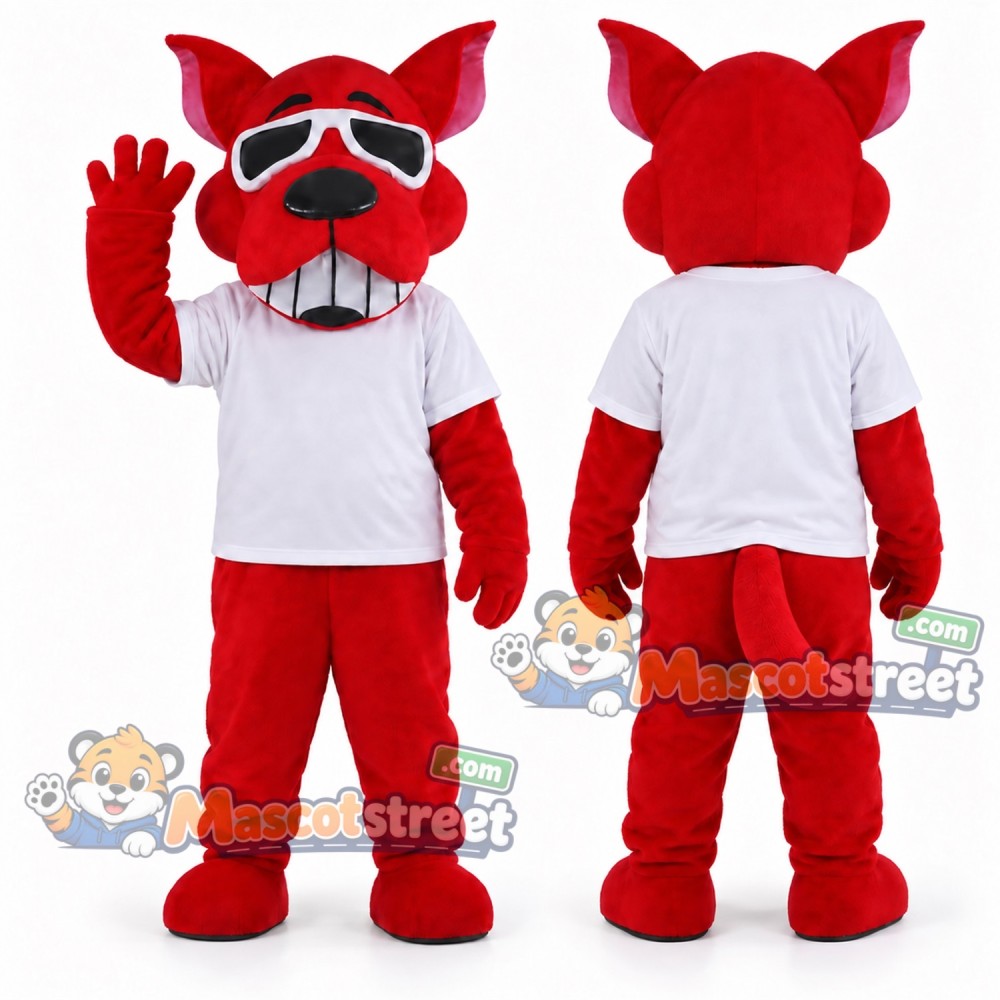 Red Dog Mascot Costume with White Shirt and Sunglasses Red Dog Mascot Costume with White Shirt and Sunglasses