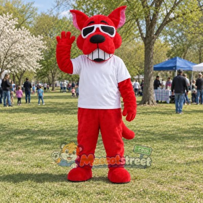 Red Dog Mascot Costume with White Shirt and Sunglasses Red Dog Mascot Costume with White Shirt and Sunglasses